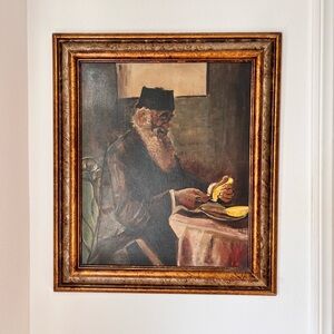 Vintage Original Oil Painting Rabbi Eating Fruit Moody Framed Art Old World